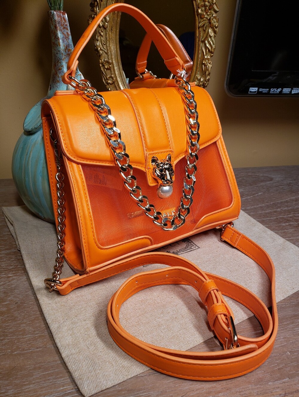 Aldo Orange Mesh Stadium Satchel / Crossbody Bag w/ Tiger & Chain Detail - Picture 12 of 12